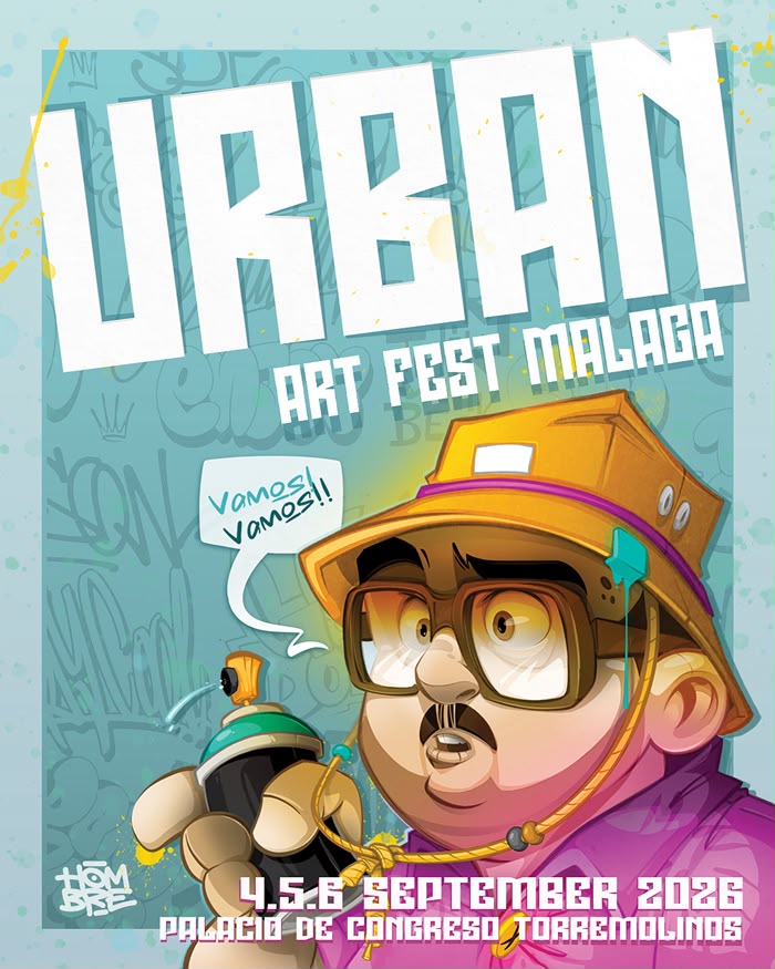 Cartel del Urban Art Fest Málaga 2026: personaje ilustrado con sombrero de pescador dorado y chaqueta magenta, sosteniendo un bote de spray y gritando «¡Vamos! ¡Vamos!».
